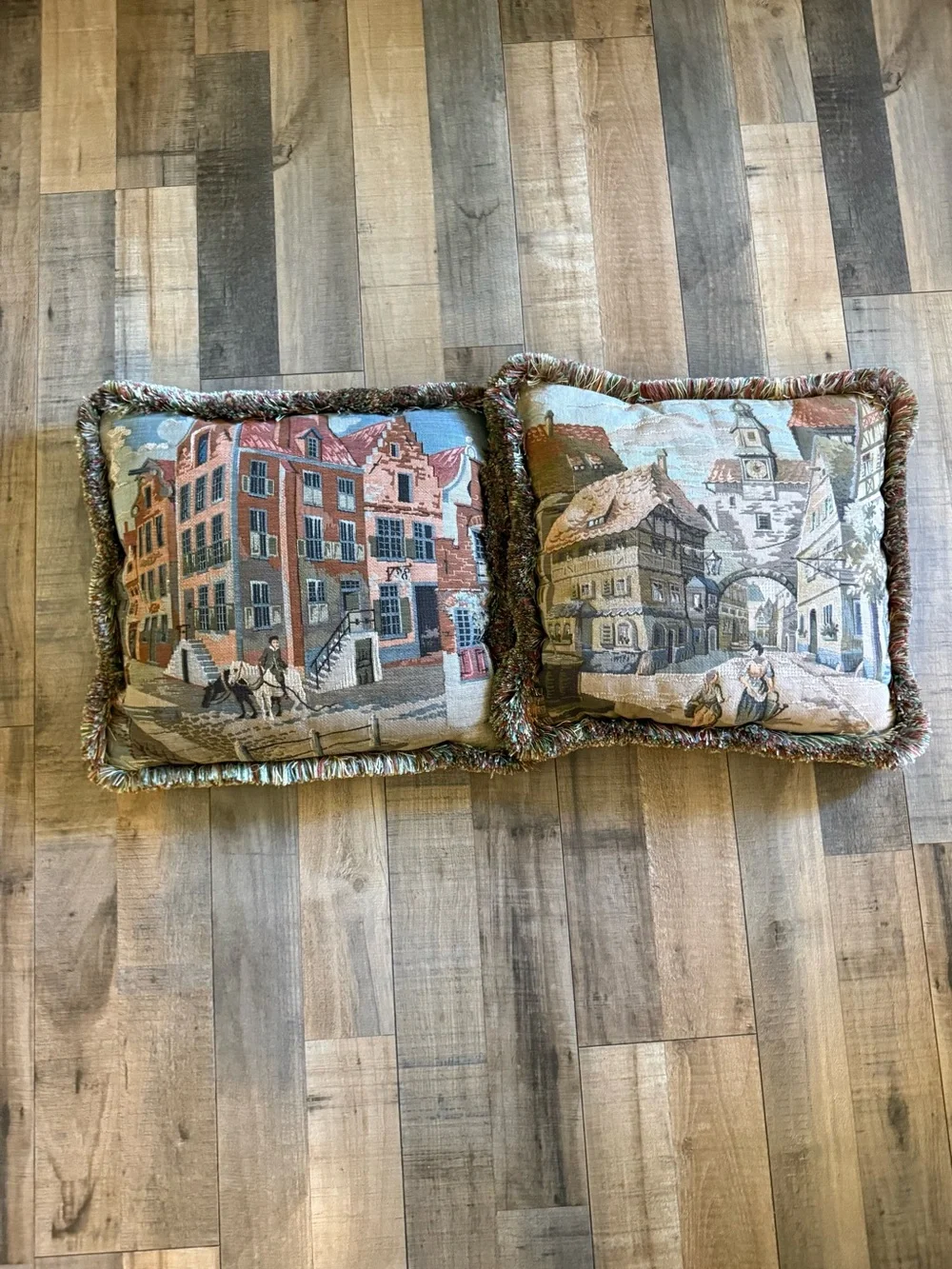 Vintage European Village Tapestry Throw Pillows - Set of 2